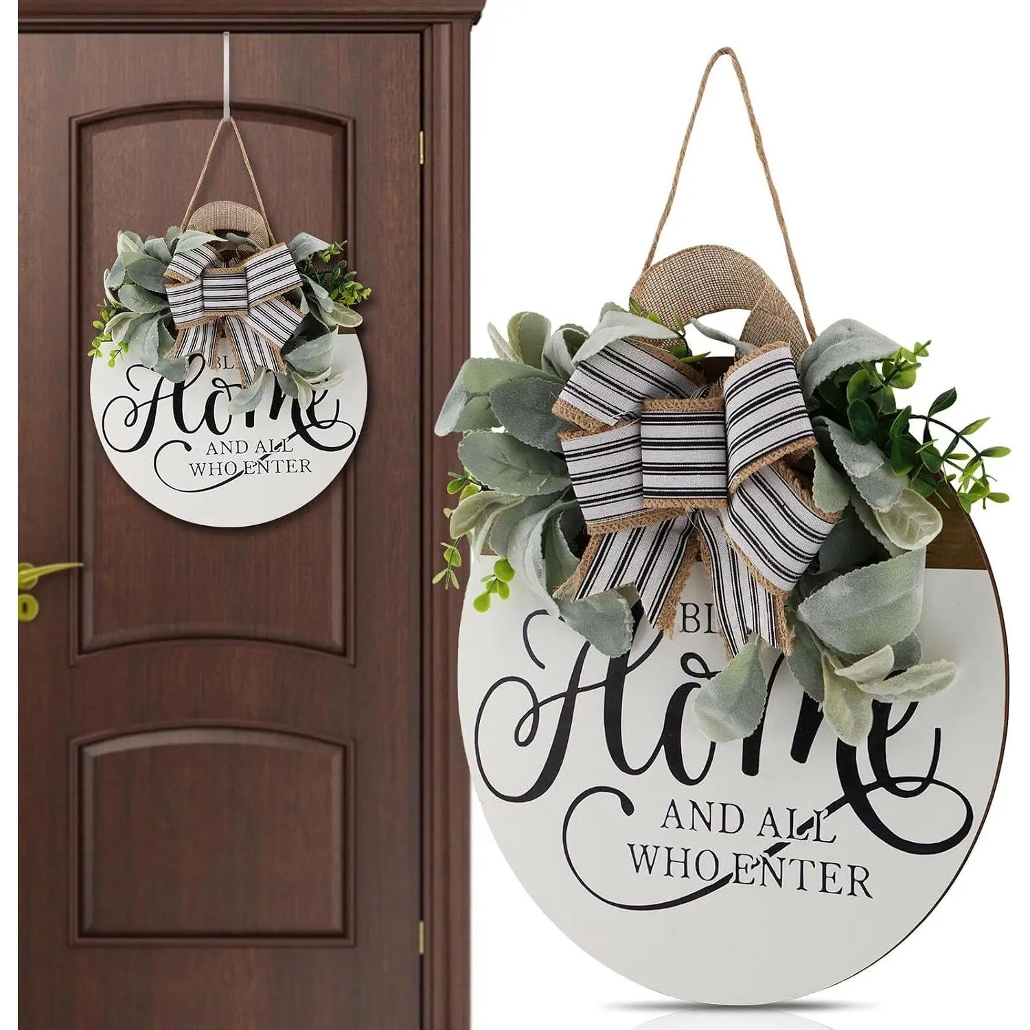 12 Inch Round Welcome Wreath,  Style Decor with  Stainless Hooks, Fade Resistant   Wreath for Front Door Porch, Indoor Outdoor, Housewarming