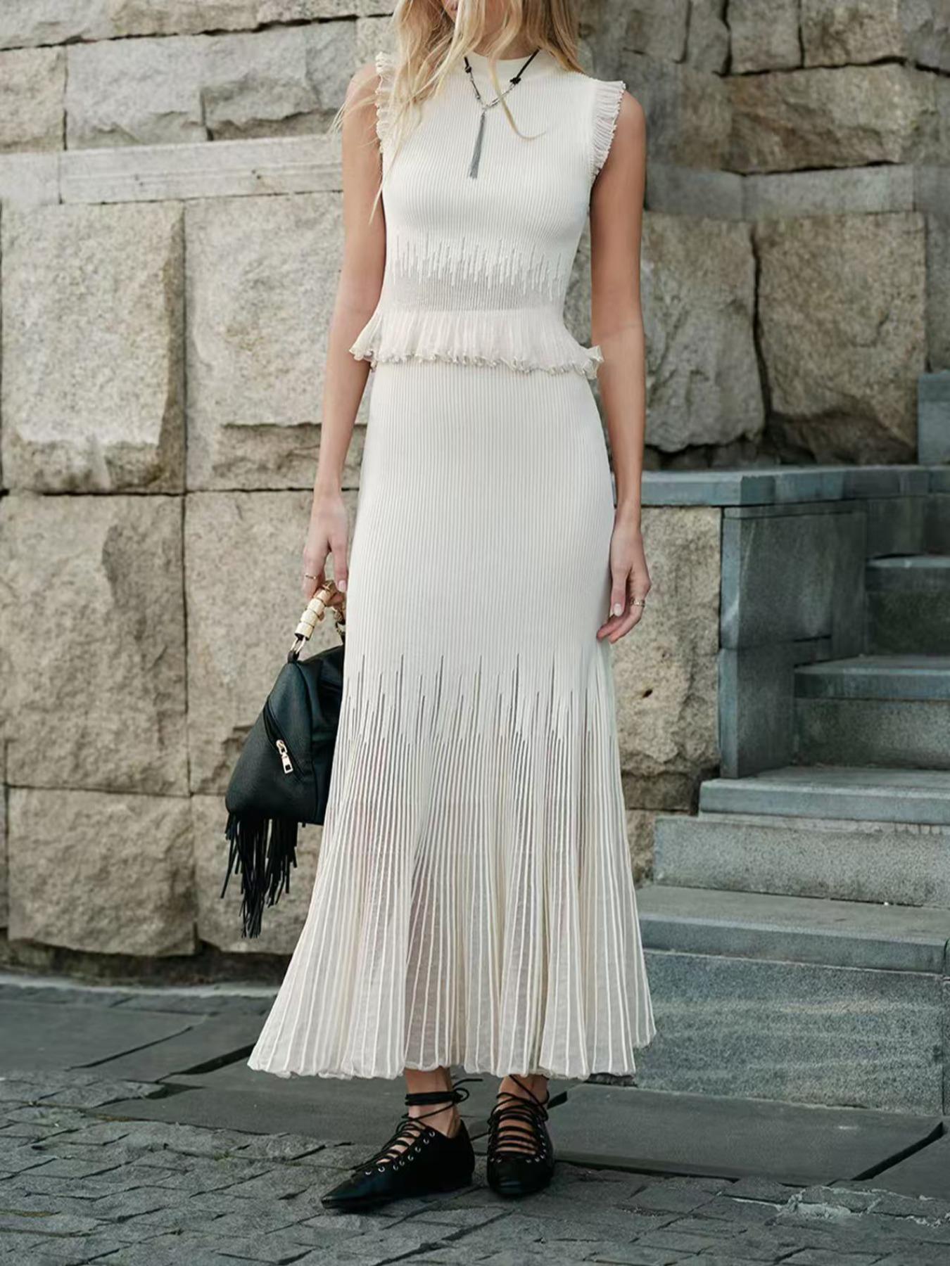 Elegant Two-Piece Set, Sleeveless Knitted Vest & Long Pleated Skirt, Fashionable Slim Fit Design, Perfect for Women, Womenswear