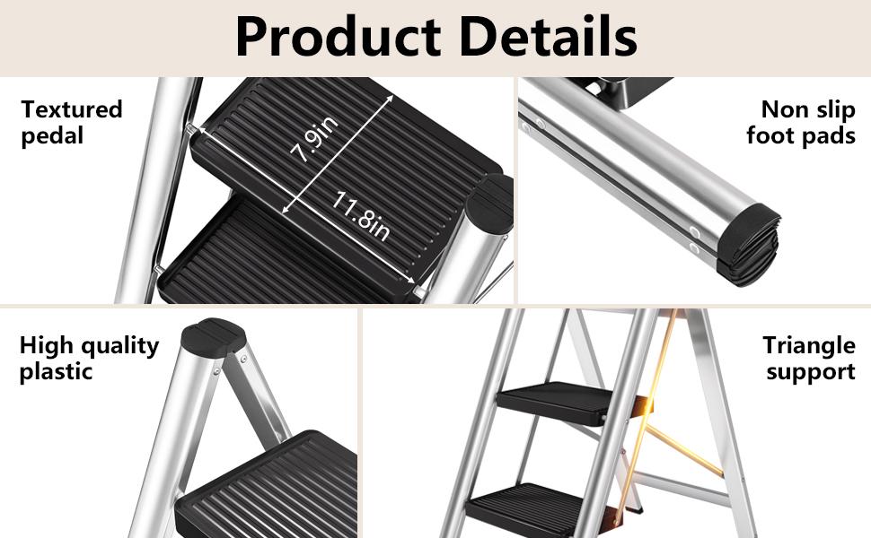 3-Step Ladder, Folding Step Stool for Adults with Wide Anti-Slip Pedals, Portable Step Ladder for Kitchen/Closet/Garage, Steel Multi-use Foldable Stepstool for Home 330 Lbs