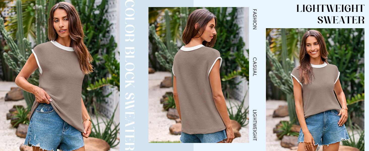 Saodimallsu Womens Summer Cap Sleeve Knit Tops Casual Sleeveless Sweater Vest Crew Neck Color Block 2025 Trendy Tank Top