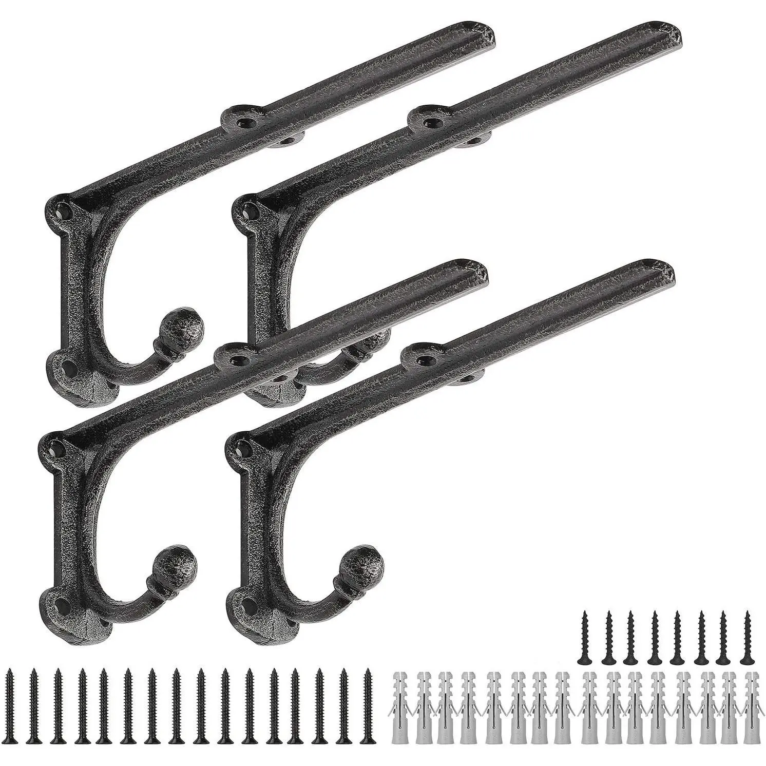 8 Inch Rustic Heavy Duty Cast Iron Floating Shelf Brackets, Decorative Wall Shelving Supports with Hooks, 4 Pack