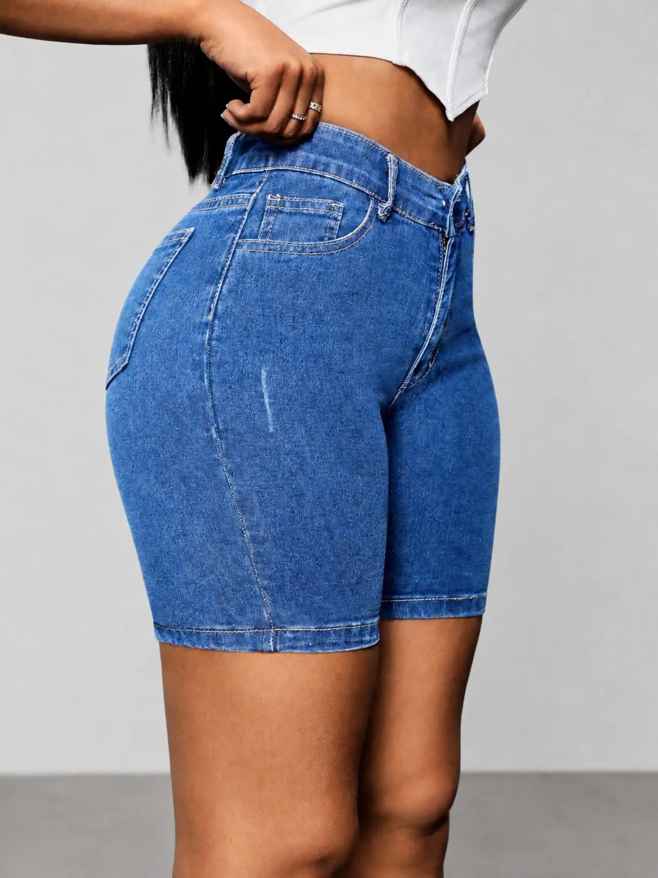 Women High-Waisted Elastic Denim Shorts, Summer Slimming Blue Jeans, Casual Versatile Bike Pants with Pockets, Knee-Length Zipper Fly, Denim Shorties
