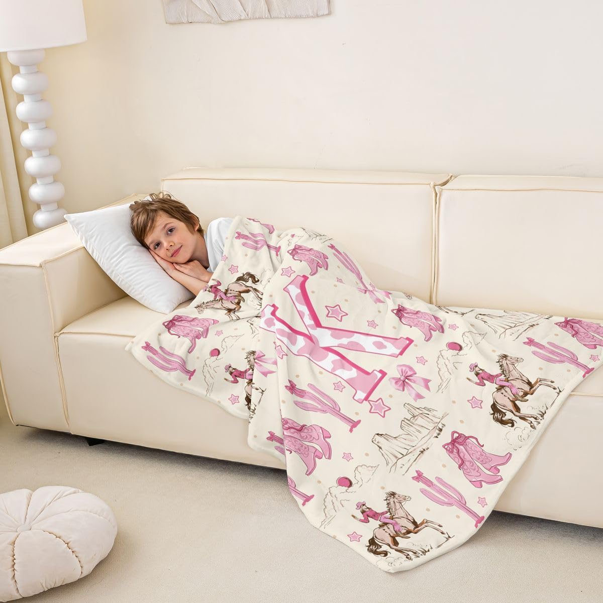 Personalized Pink Cowgirl Boot Blanket – Monogrammed A-Z Flannel Throw with Coquette Bow, Western Horse Print – Soft Flannel Blanket for Girls, Kids, Teen Bedroom, Nursery Decor, Gift for Little Cowgirl