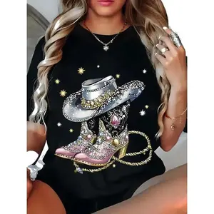 Plus Size Women'S Cowboy Graphic Print TShirt Rhinestone Cowboy Boots Hat Design, Black Geometric Pattern, Soft Polyester Blend, Machine Washable Casual Tee for Men Women, Spring Summer Fashion, Tr