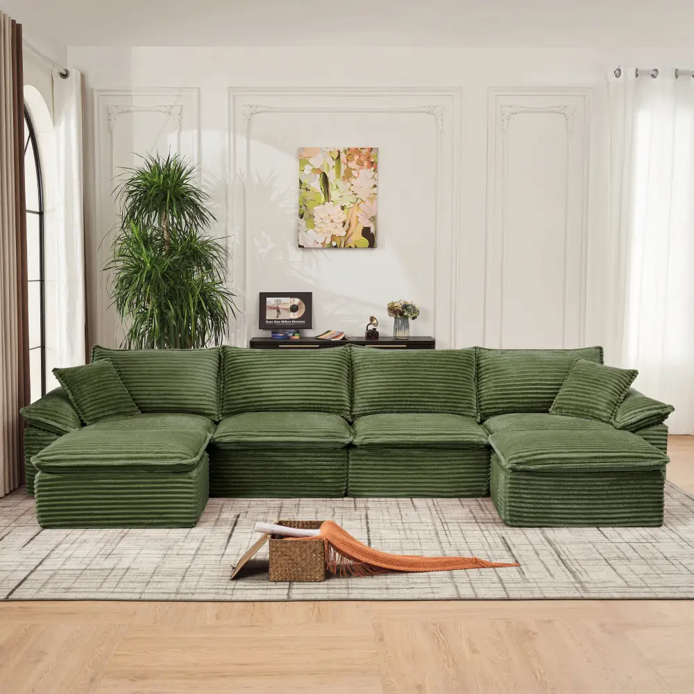 DealsforYouDays【3 Packages Shipping】144" Sectional Sofa U-Shape Sofa Oversized Corduroy Cloud Couch with Movable Ottoman Soft Deep Seats Large Modular Modern Comfy and No Assembly Sofa Set for Living Room Apartment Office, Green
