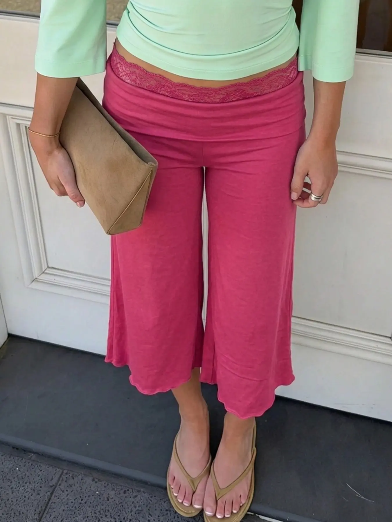 Women's Hot Pink Lace Fold Waist Ruffle Seven Points Wide Leg Pants, Low Rise Y2K Casual Trousers
