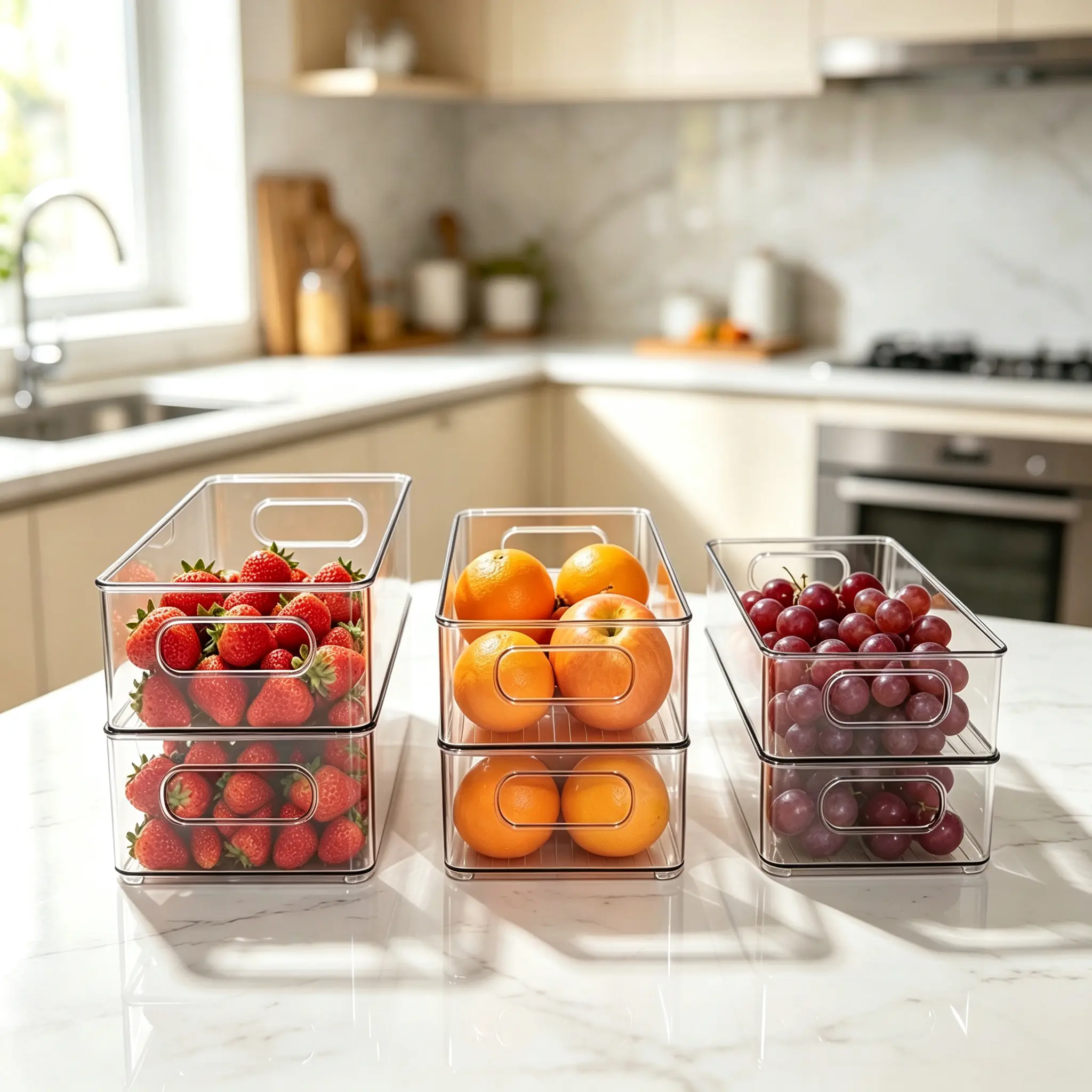 3/6/9 Pack Clear Fridge Storage Bins with Dual Side Handles, Stackable PET Refrigerator Organizer Containers, Multi-size Kitchen Pantry Storage Baskets for Food, Snacks, Produce