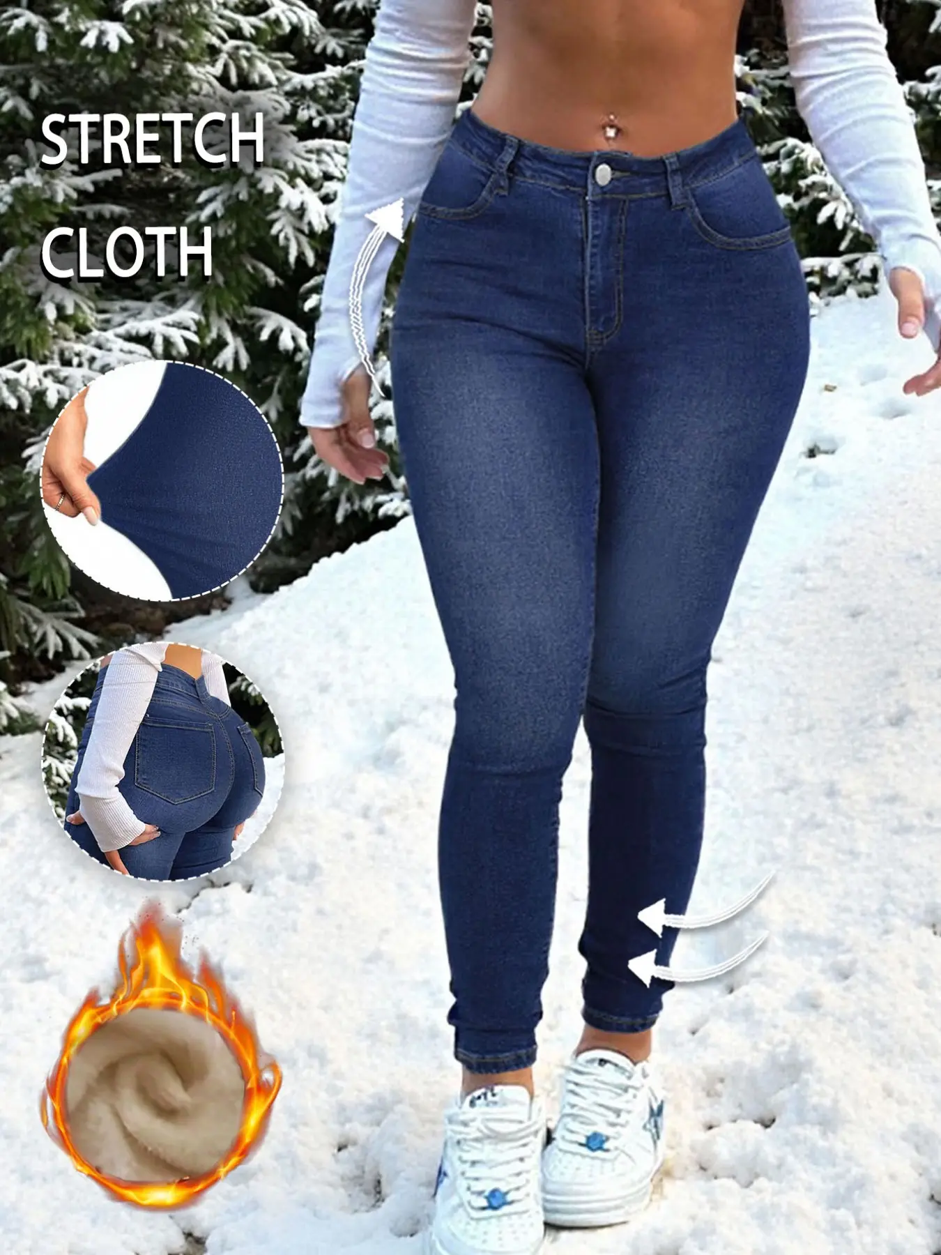 GILIPUR 1Pc Stretchy Women Fleece Lined Stretch Skinny Jeans, Dark Wash High Waist Butt Lifting Warm Thermal Denim Pants, Y2K Winter Streetwear Slim Fit Ankle Trousers, Womenswear TChic