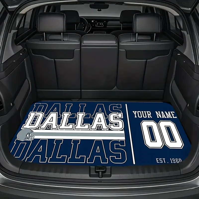 "Dallas Fan Delirium" American Football Style Car Trunk Mat, a universal design for Dallas fans, made of easy-to-clean non-slip polyester material, suitable for all car models, trucks, and SUVs, a perfect holiday gift for family and friends