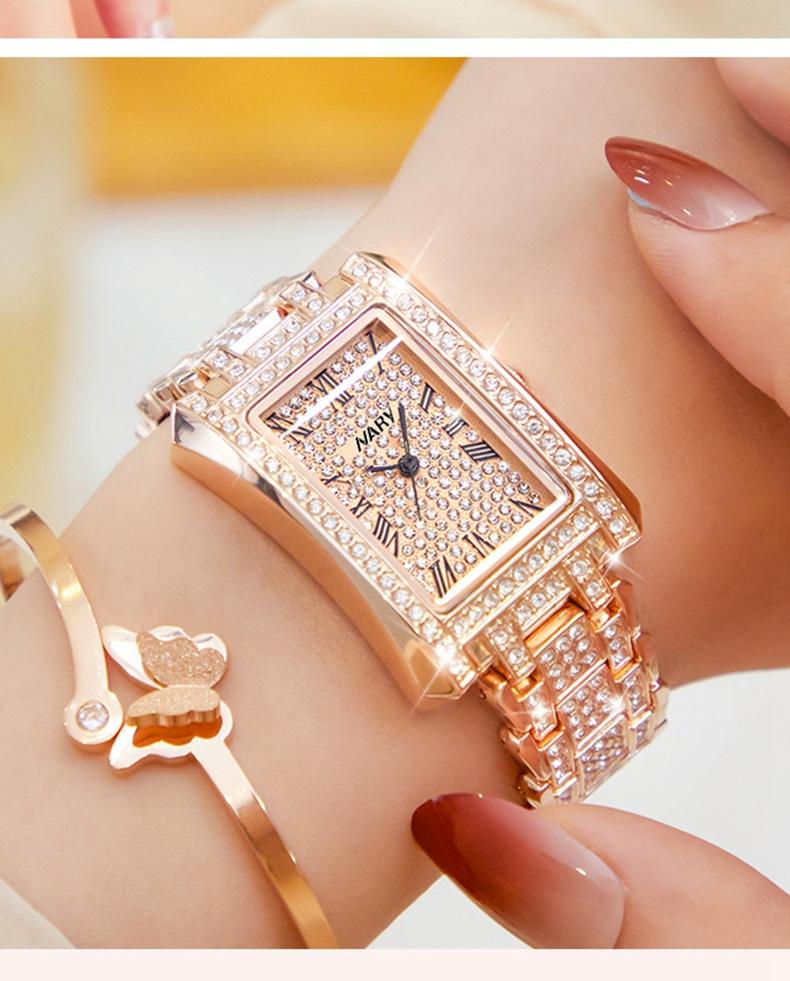 Women's Luxury Rose Gold Rectangle Quartz Watch - Fully Iced Out Diamond Encrusted Wristwatch with Roman Numerals, Stainless Steel Band, Elegant Dress Watch, Perfect Gift for Her