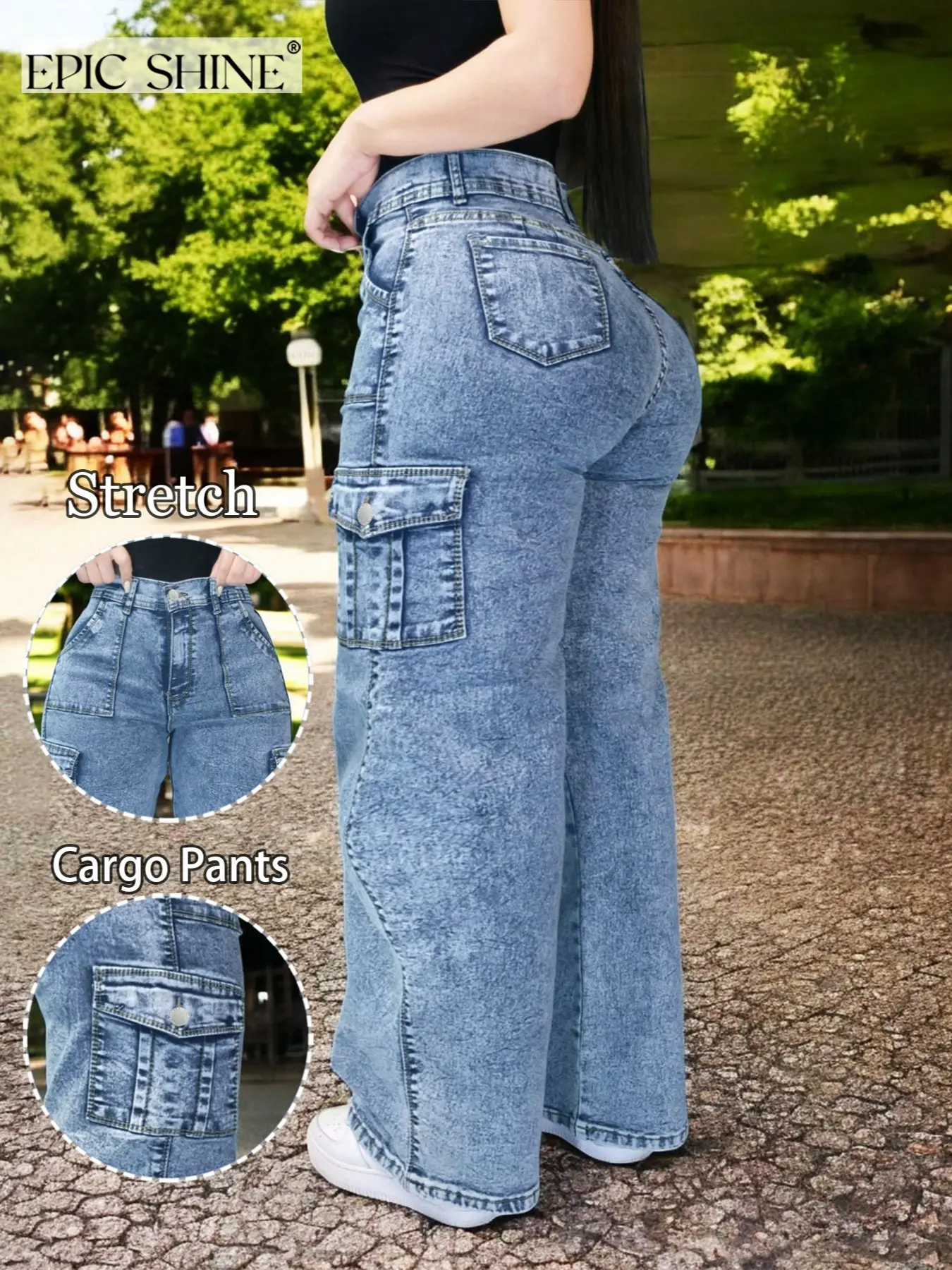 Women's High-Waisted Elastic Cargo Pants, Wide Leg Denim Jeans, Butt Lifting Urban Streetwear Style, Comfortable Fit, Fashion Casual Long Jeans