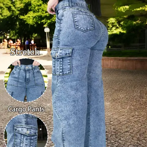 Women's High-Waisted Elastic Cargo Pants, Wide Leg Denim High Rise Jeans, Butt Lifting Urban Style, Comfortable Fit, Fashion Casual Long Jeans
