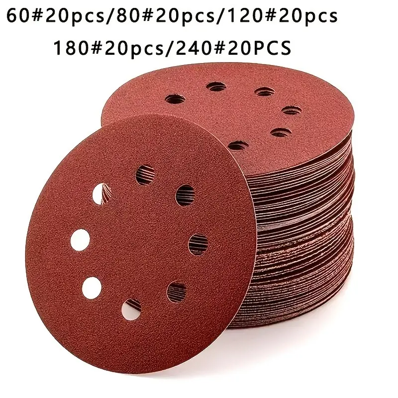 5-Inch 8-Hole Resin Abrasive Sandpaper Discs (100 Pack) – Mixed/Single Grit Options (60-240), Dust-Resistant, Anti-Clogging, Heat Accumulation-Reducing Grinding Pads for Random Orbital Sander, Suitable for Wood/Metal, Automobile Polishing