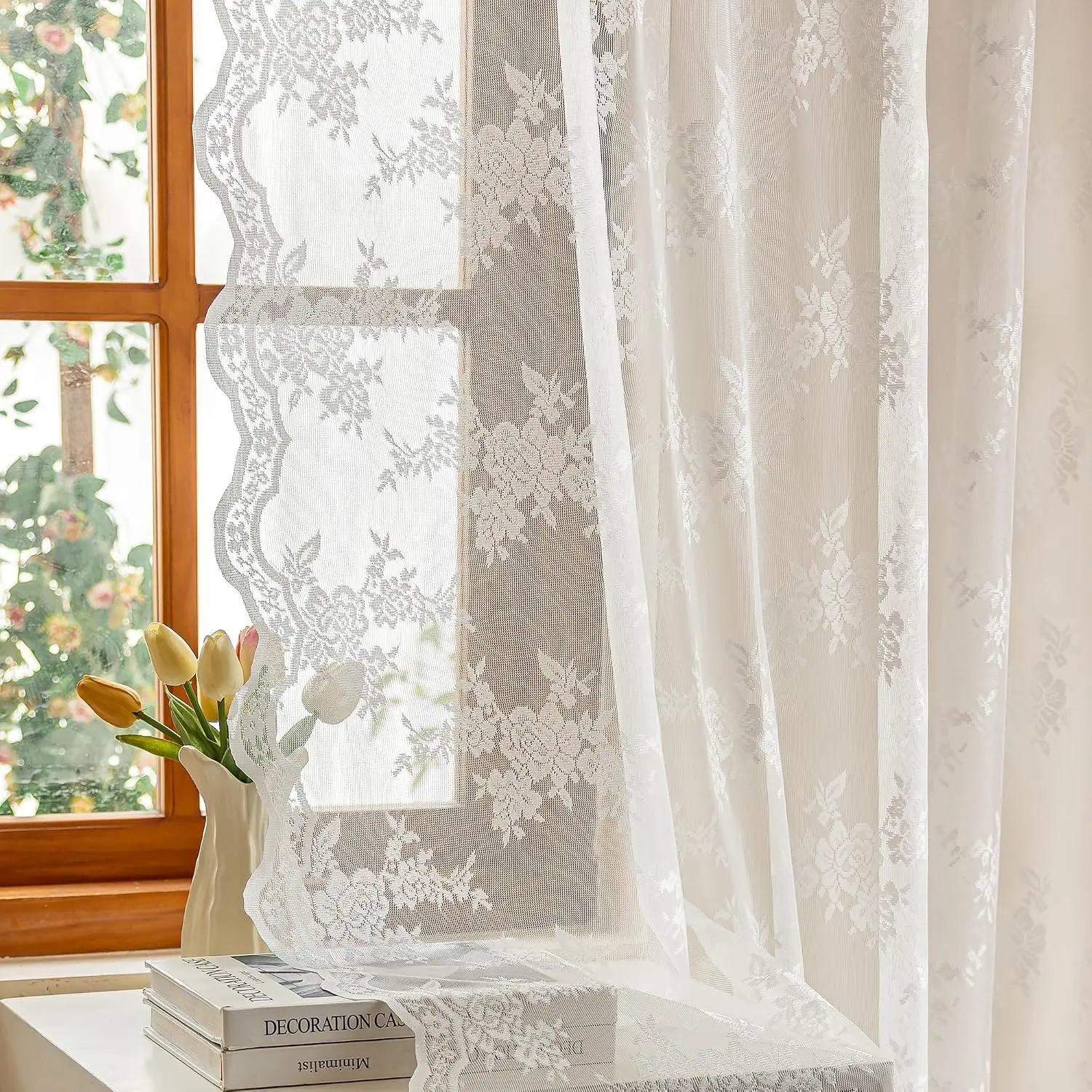 White Lace Sheer Curtains 84 Inches Long - Floral Victorian Vintage Drapes for Living Room Bedroom, Rod Pocket French Elegant Light Filtering, Each Panel 50"W, Set of 2 PanelsGift