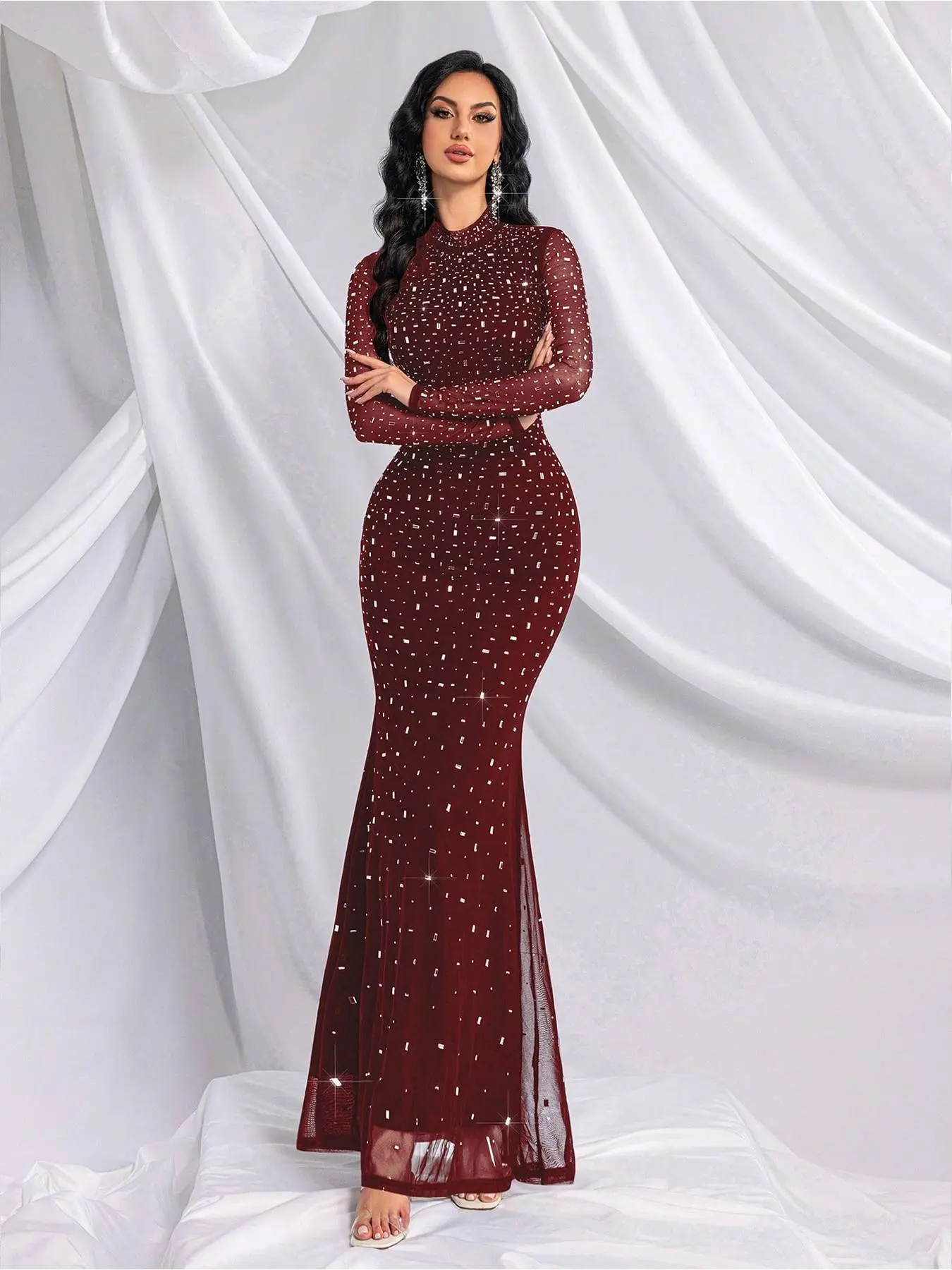 Elegant Temperament Solid Color Hot Drill Rhinestone Stand Collar Long Sleeve Mermaid Gown Dresses For Banquet, Evening Party, Birthday Party