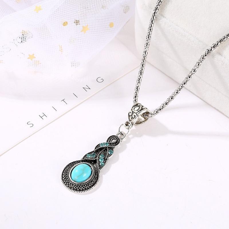 3pcs Necklace Earrings Set For Men And Women Vintage Style Blue Crystal Inlaid Turquoise Pendant With Lantern Chain Jewelry