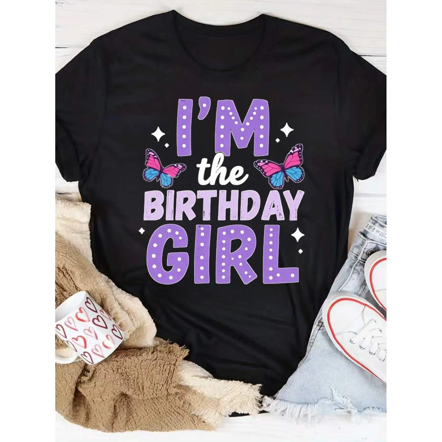 Women's Sequin Letter & Butterfly Print Birthday T-Shirt - Casual Loose Fit Short Sleeve 100% Polyester Streetwear Lady Top, Sporty Sports Tops for Party, Machine Washable