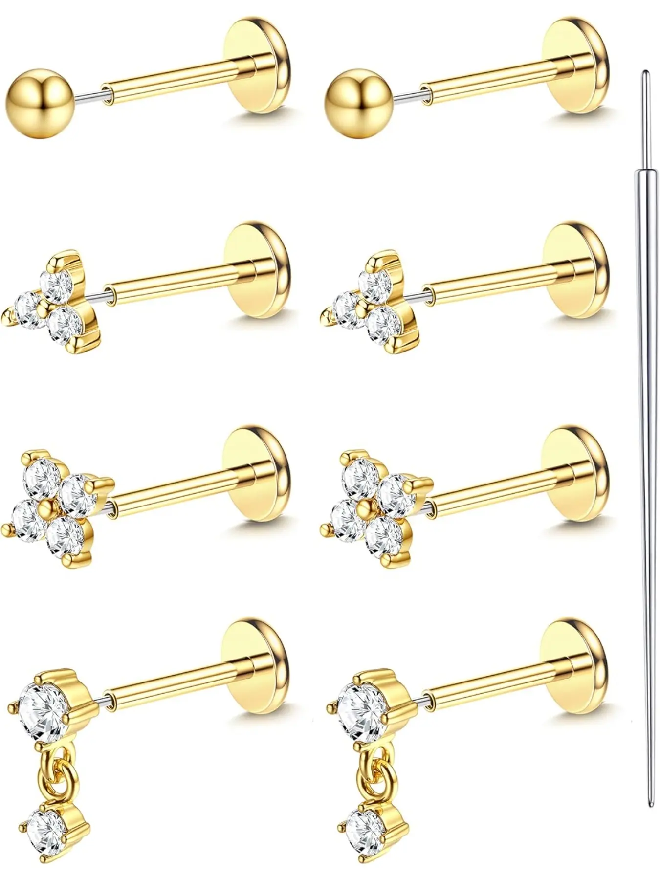 Threadless Flat Back Earrings Studs, 316L Surgical Steel Nose Ring, 20g 18g 16g Cz Tragus Cartilage Helix Conch Lip Labret