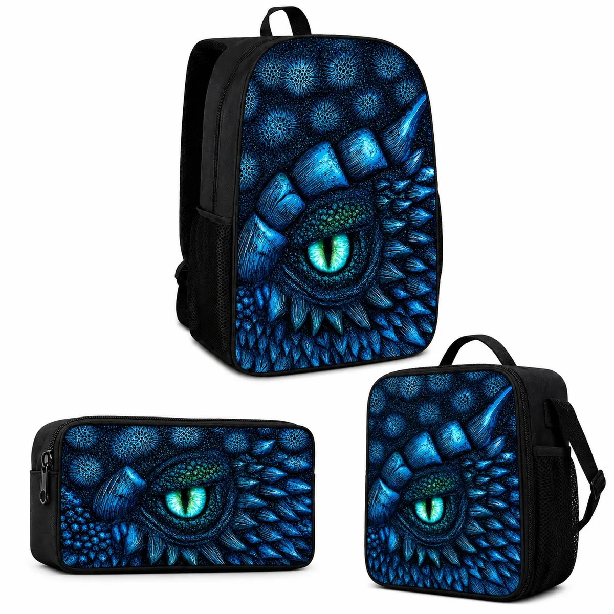 3-Piece Blue Dragon Eye Backpack Set for Boys Kids and Teens, Fantasy Reptile School Backpack with Matching Lunch Bag & Pencil Case, Back to School Essentials, Cool Gamer Bookbag, Student Travel Daypack, Dragon Lover Gift