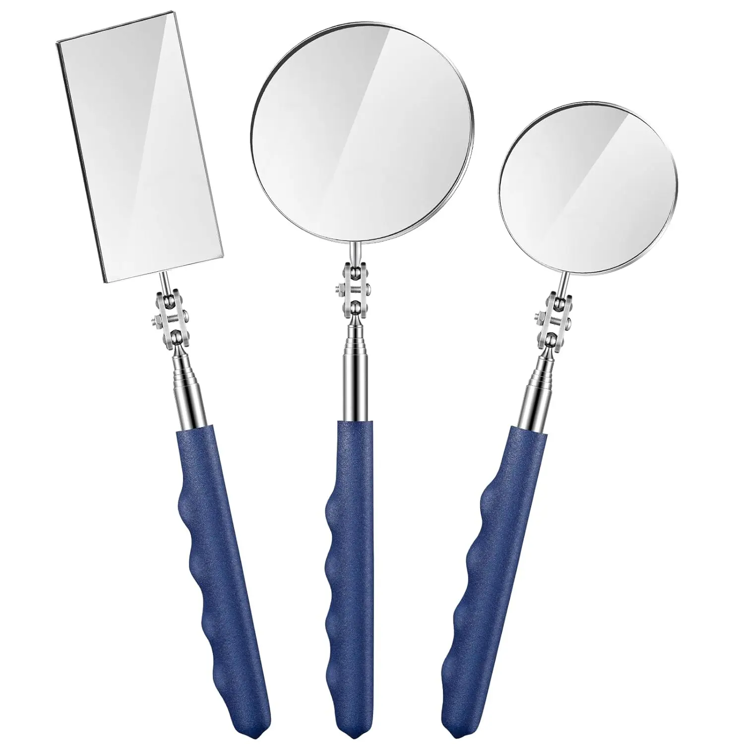 3 count Telescoping Inspection Mirror Stainless Steel Extendable Mechanic Mirror with Long Handle Tool for Technicians Mechanics Contractors(50/85/50 mm,Square,Round,Round)
