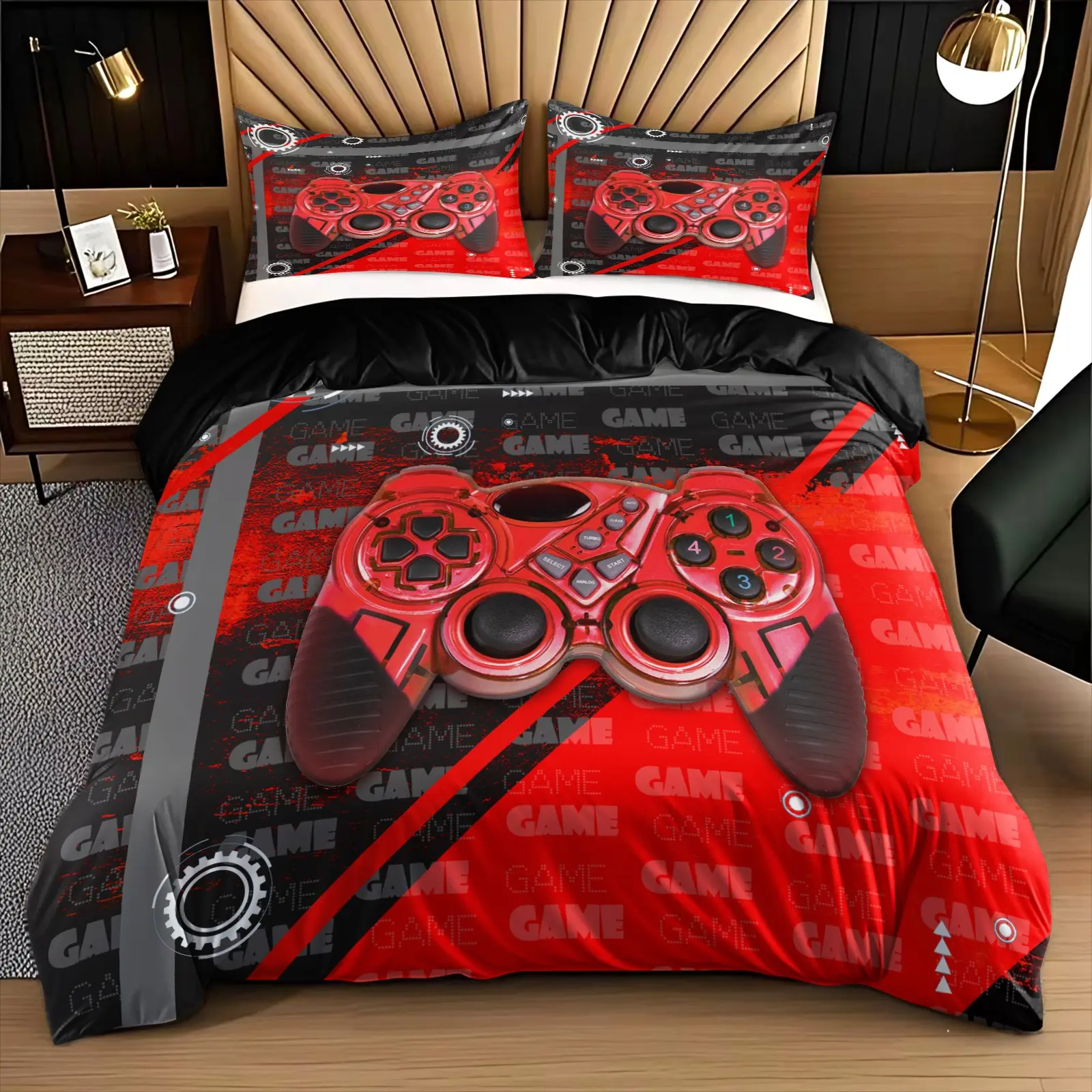 3-Piece Game Controller Print Bedding Set, Soft Breathable Fabric, All-Season Use, Includes 1 Fitted Sheet + 2 Pillowcases