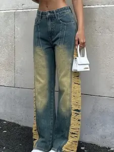Women's Vintage American Style Jeans Pants, Handmade Acid Wash Denim Collection, Original Dye Ear Design, Casual Wear