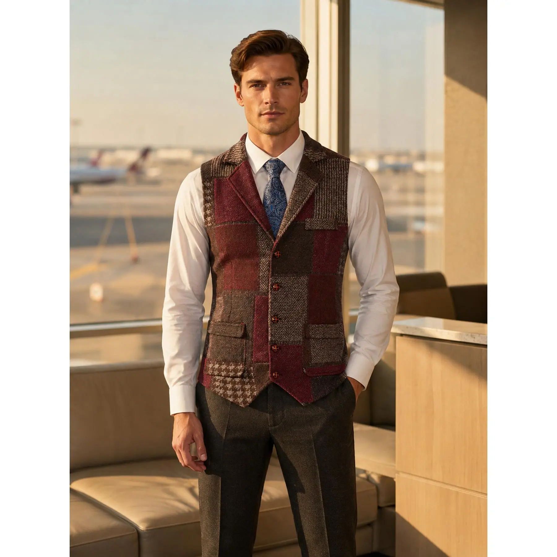Men's Patchwork Tweed Suit Vest - Herringbone & Houndstooth Slim Fit for Prom Wedding Business