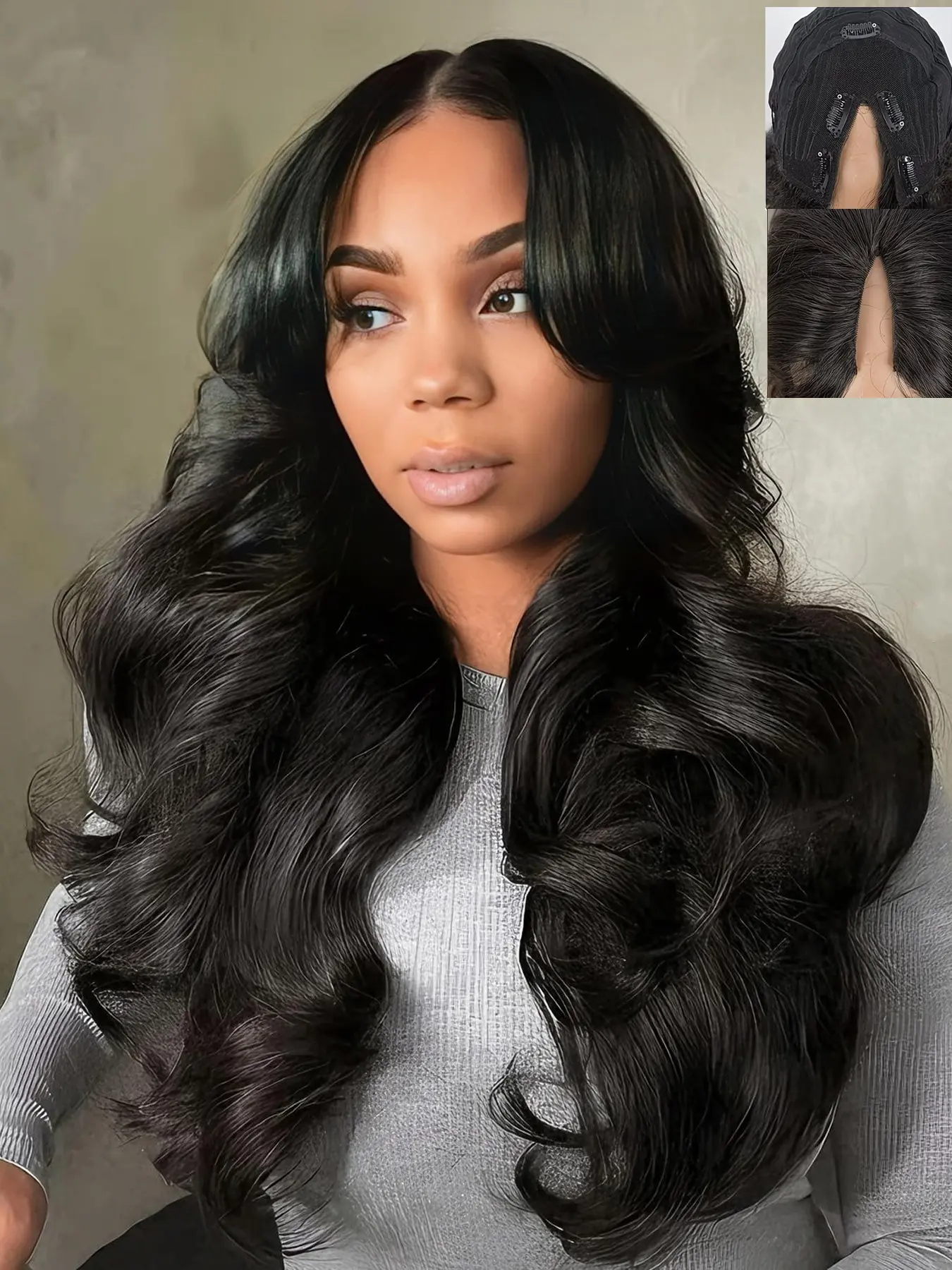 26 Inch V-part Body Wave Wig Natural Wavy Black Glueless Wig In Seconds Fast Wear Beginner Friendly Synthetic Fiber Full Machine Party Wig for Women Daily Use