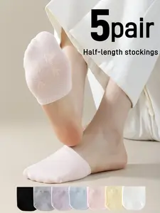 5 Pairs Women's Summer Solid Color Half-Calf Socks, High-Quality Multi-Color Pocket Socks, Non-Slip Breathable Comfort Socks for Daily Wear