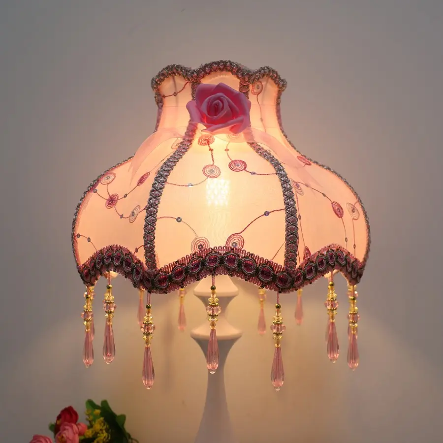 Vintage Princess Style Rose Embroidered Lampshade, Elegant Floral Lace Beaded Light Cover, Suitable for Dressing Table and Bedside Cabinet
