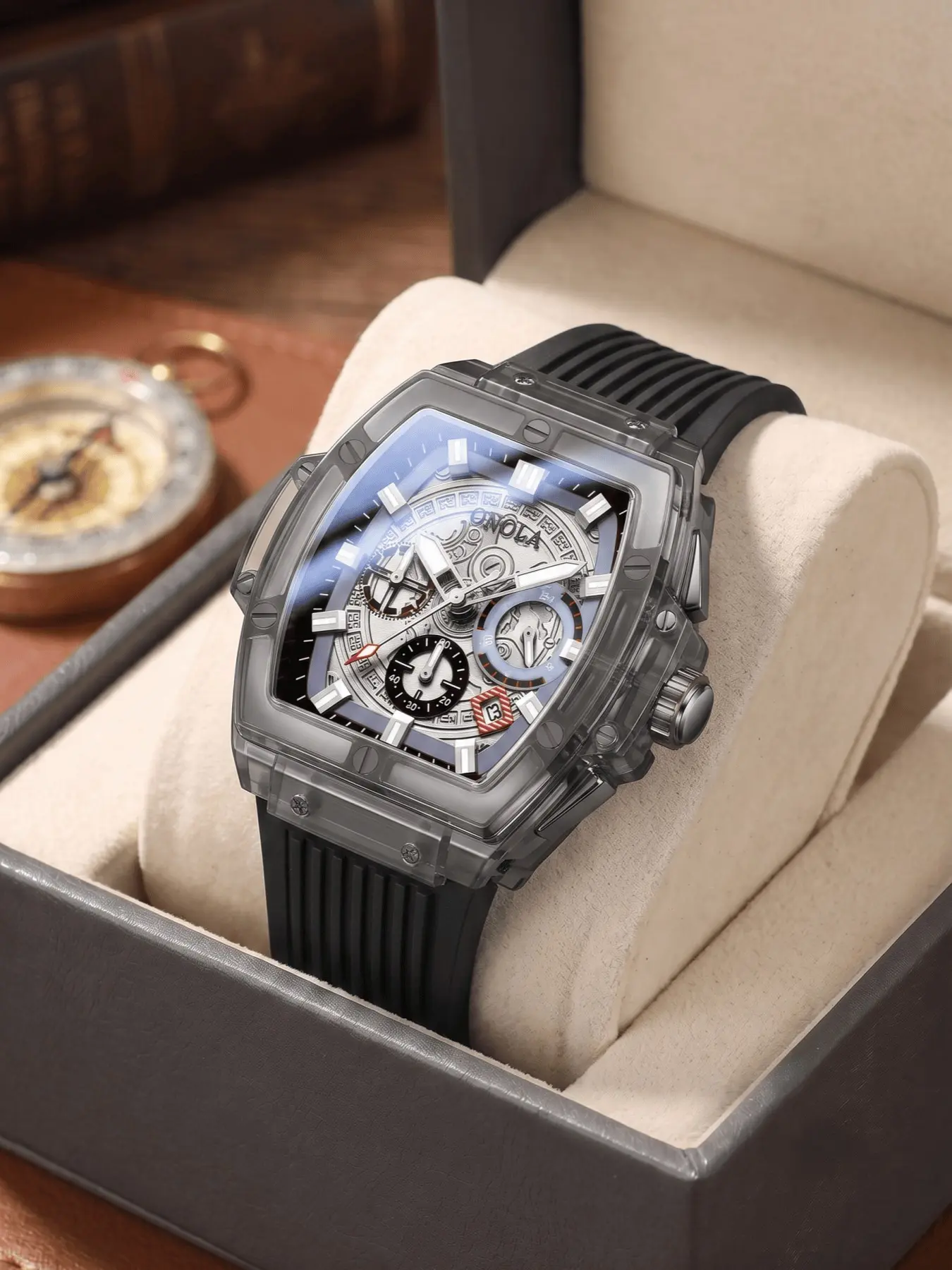 ONOLA Men's Quartz Watch, Fashionable Business Analog Watch, Men Quartz Wrist Watch Chronograph Hand Watch Transparent Tonneau Hollow Skeleton Dial Silicone Band Sport Male Wristwatch Fashion Daily Casual Trendy Gift Watch For Young Guys