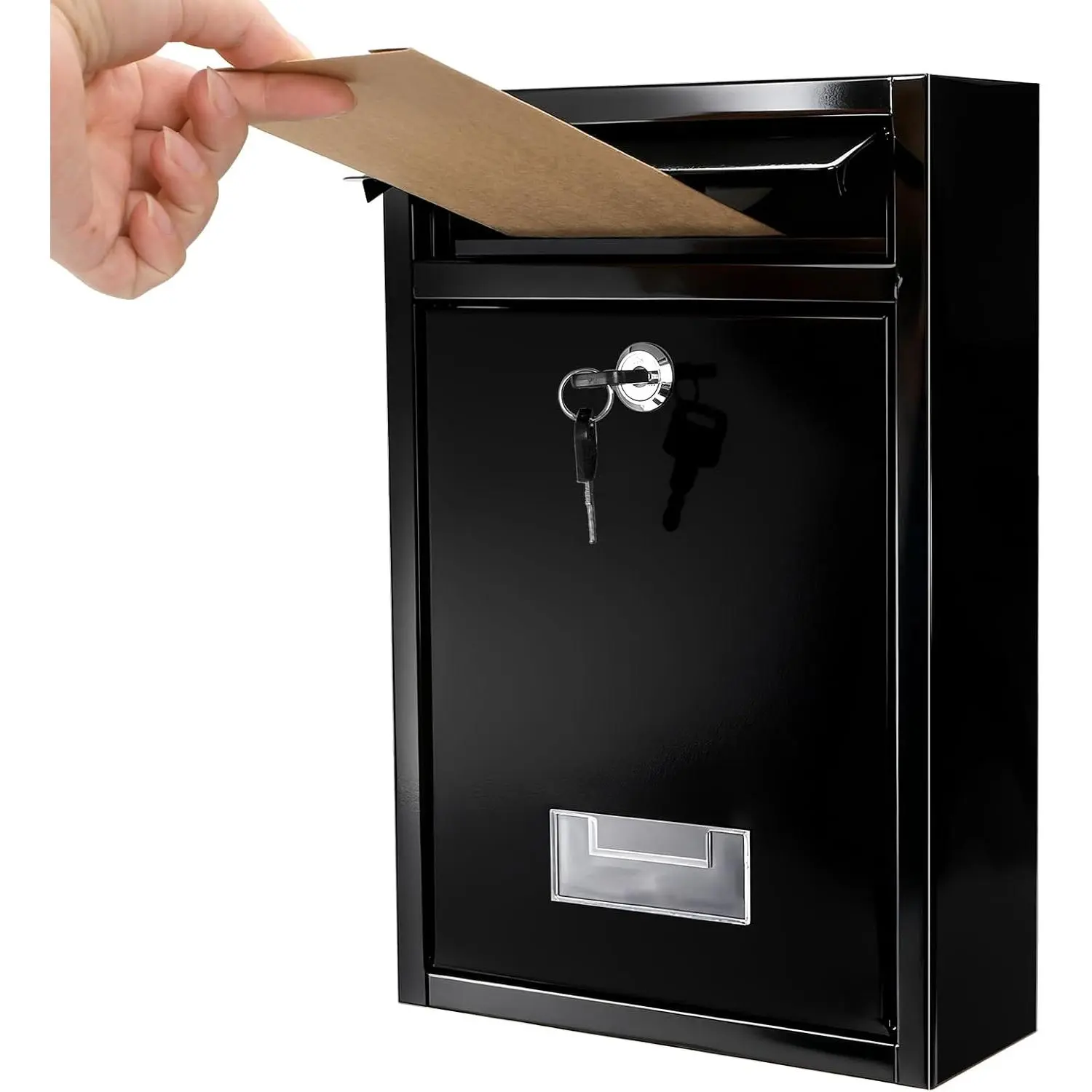 Black Metal Wall-Mount Outdoor Mailbox with 2 Keys Lock, Envelope Slot, Window Decoration, Easy Installation, 12.6"H x 8.5"L x 3.3"W for Home Use