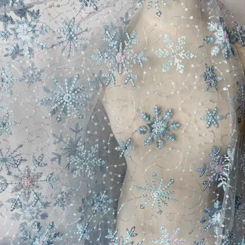 Lightweight Winter Snowflake Embroidery Sheer Net Fabric, Shiny Blue Iridescent Snow Pattern Tulle, Ideal Sewing Material For Frozen Themed Dress, Bridal Veil, Stage Performance & Holiday DIY Project