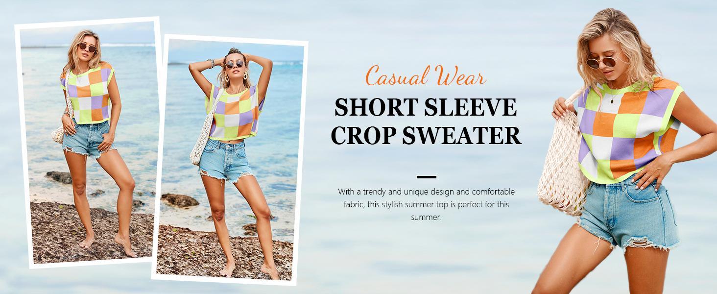 Saodimallsu Womens Cap Sleeve Crop Tops Summer Color Block Going Out Crew Neck Knit Trendy Casual Sweater