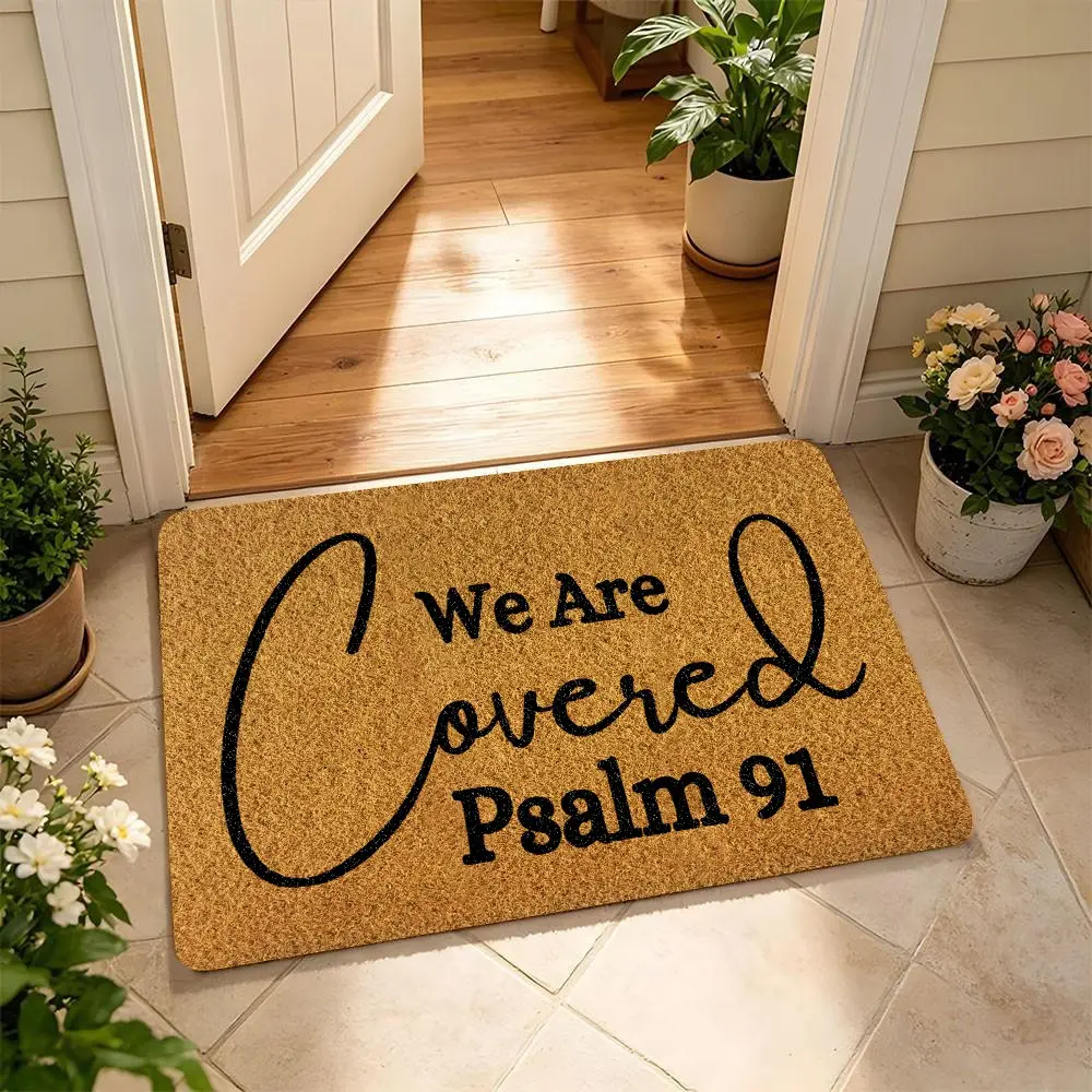 Christian Bible Verse Coir Front Door Mat, Psalm 91 Religious Welcome Mat, Non-Slip Rubber Back Low Shed Entry Rug, Faith Decor Indoor Outdoor Porch Doormat, Inspirational Housewarming Gift for Family and Friends