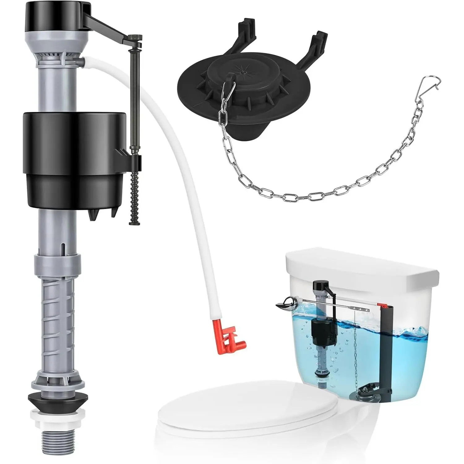 Toilet Flusher Replacement Kit, Water-Saving & Height Adjustable Fill Valve, 2-Inch Flapper, Quiet & Anti-Siphon Toilet Repair Kit Inside Tank, Easy to Install (Black, 1-Pack)