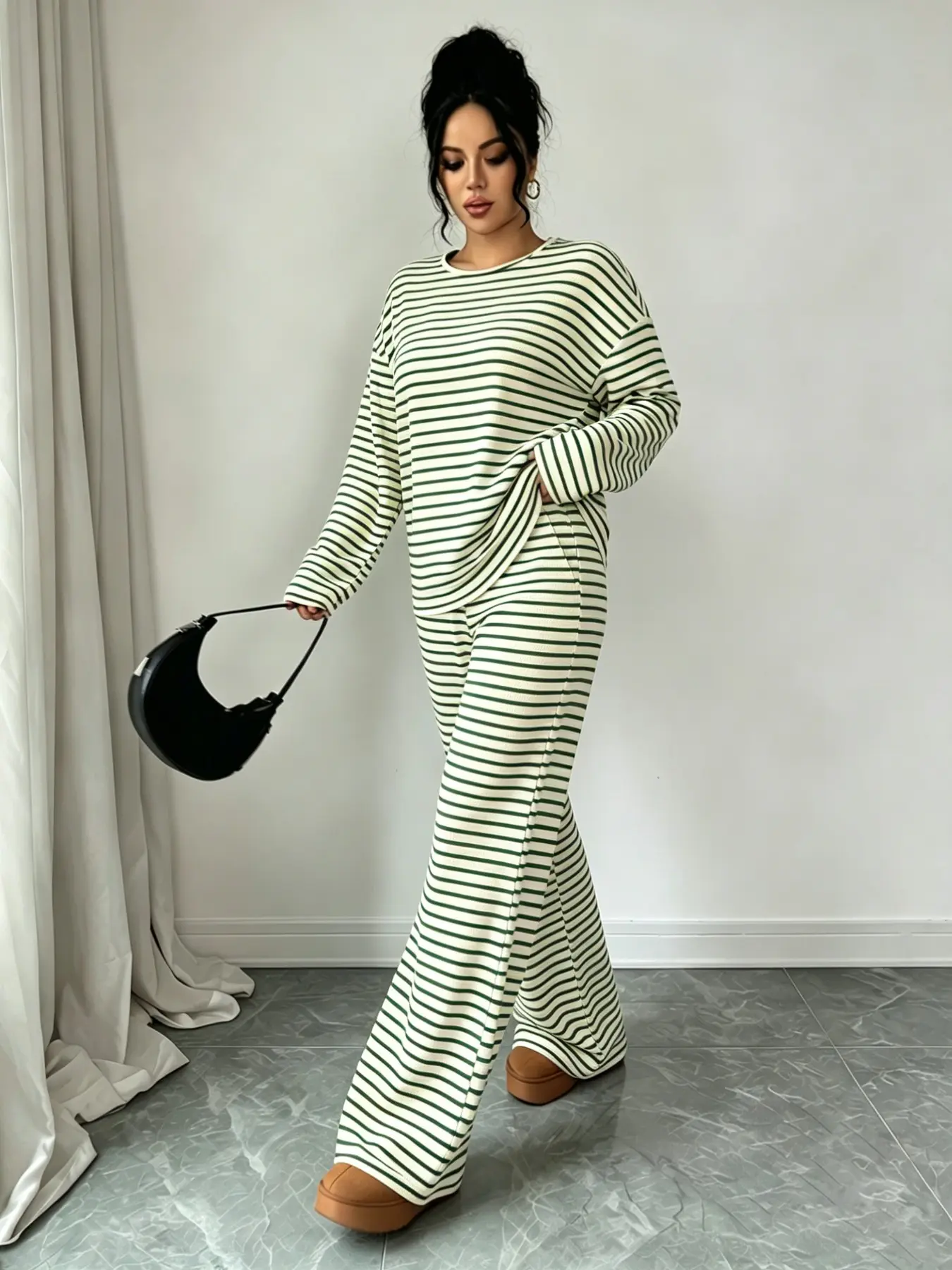 Women's Fall Winter New Striped Casual Loose Baggy Oversized Wide Leg Pants Long Sleeve Fashion Leisure Set, Comfortable and Stylish for Daily Wear