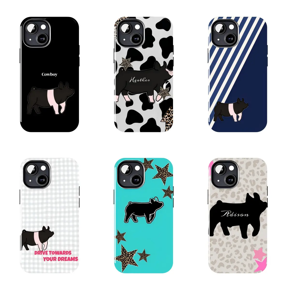 Pig Silhouette Western Y2K Mixed Print Phone Case, Shockproof Cover for iPhone 16/15/14/13/12 Pro Max, Farm Cowgirl Livestock Pig Lover Personalized Protective Case