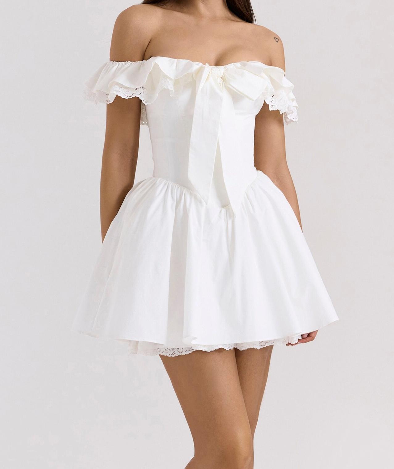 Pure Desire Off-Shoulder Ruffle Sleeve Lace Bow Belt Puffy Princess Dress