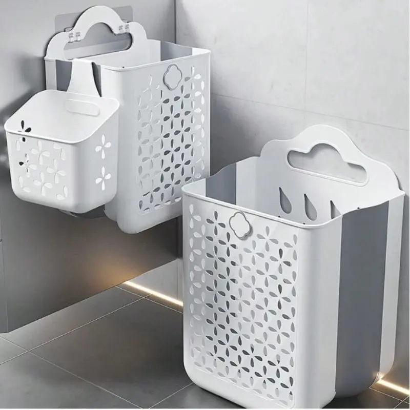 Space-Saving Foldable Laundry Basket, Laundry Hamper, Wall Mounted No Drill, Modern White & Gray, Durable Plastic, Ideal for Clothes, Toys, Snacks Storage in Balcony or Laundry Room