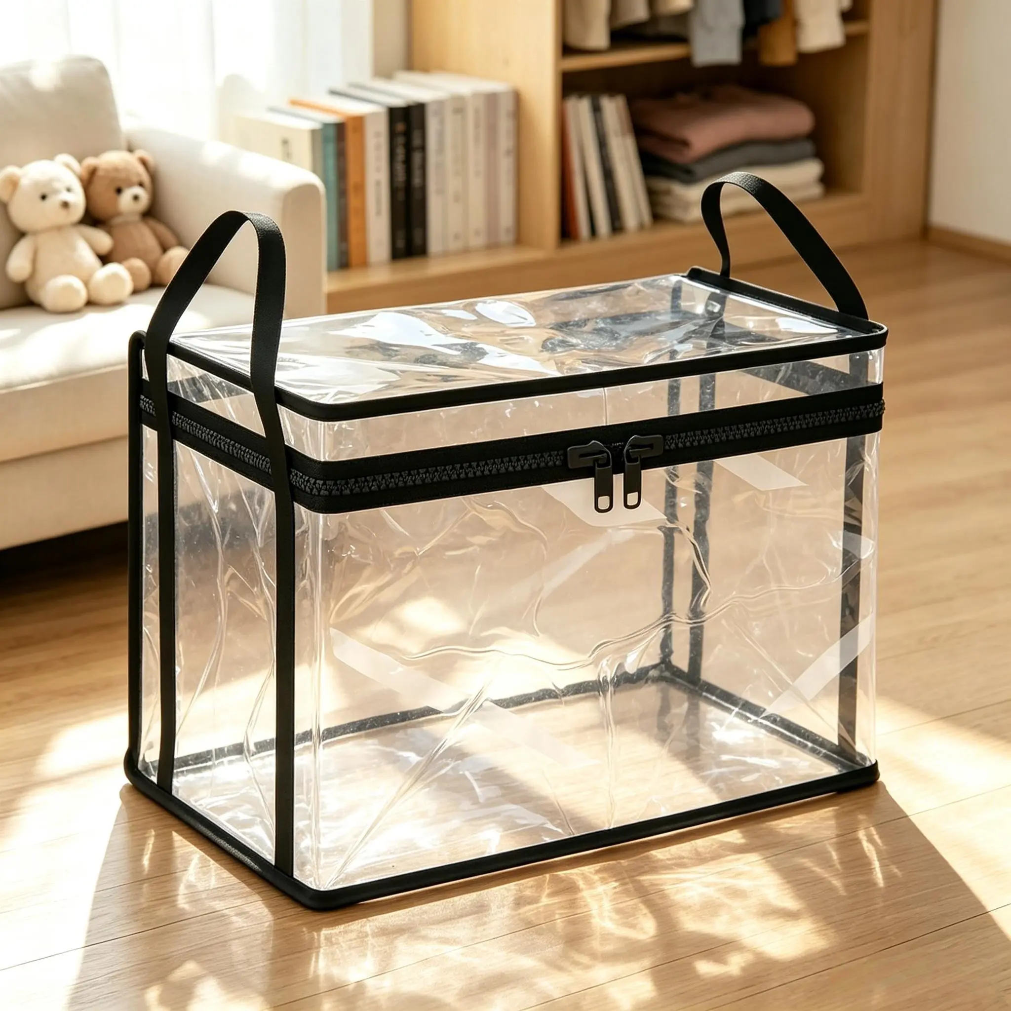 Thick Transparent PVC Storage Box with Handle, Dust-Proof Organizer for Clothes, Books, Toys, Camping, Travel, Moving, Large Capacity, Clothes Storage Boxes