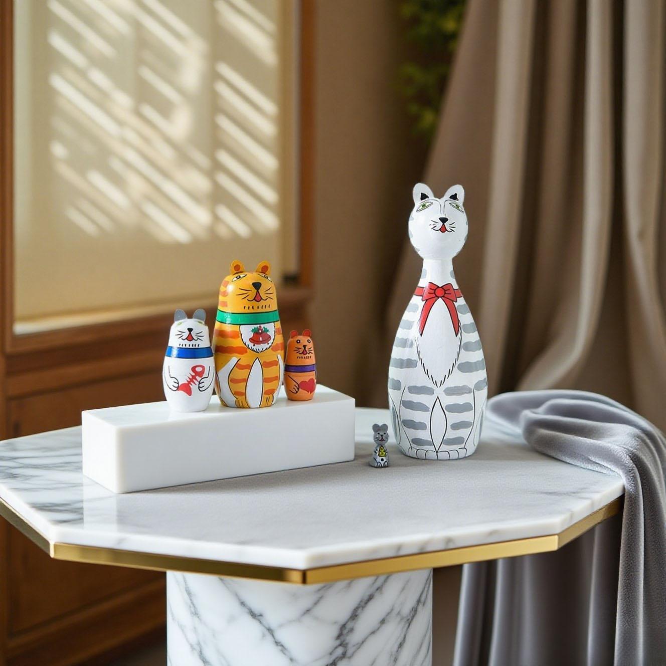 Set of 5 Cat Nesting Dolls - Adorable Handmade Wooden Matryoshka Stacking Cats Toys for Children, Kids & Cat Lovers - Cute Figurine and Display Ornament for Home Decor, Office Desk, Bookshelf - Unique Decorative Statue Gift for Christmas and Birthday