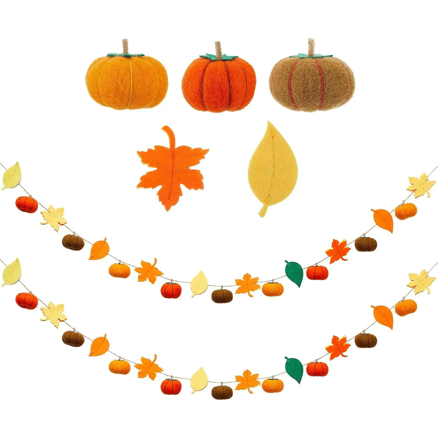 2-Count Modern Colorful Felt Thanksgiving Garland - 78in Fall Pumpkin, Leaf, Pom Poms & Maple Leaves Banner - Photo-Worthy Autumn Harvest Party Decor for Mantel, Fireplace