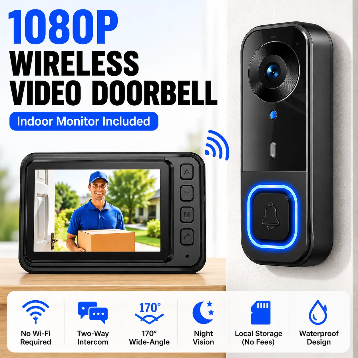 1080P Wireless Video Doorbell Camera with Indoor Monitor, No Subscription or App Required, Waterproof Two-Way Video Intercom with 170 °   Wide-Angle View, Night Vision & Local Storage for Home Entry Security