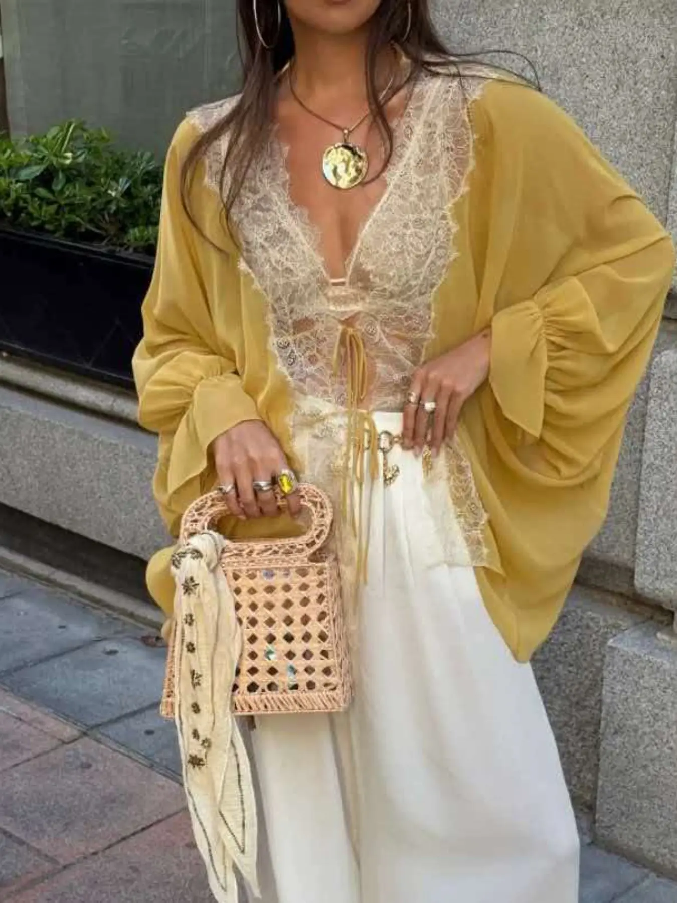 Boho Women Chiffon Open Front Cardigan, Dolman Batwing Ruffle Cuff Sleeve, Lace Trim, Relaxed Fit, Lightweight Sheer, Vintage Streetwear