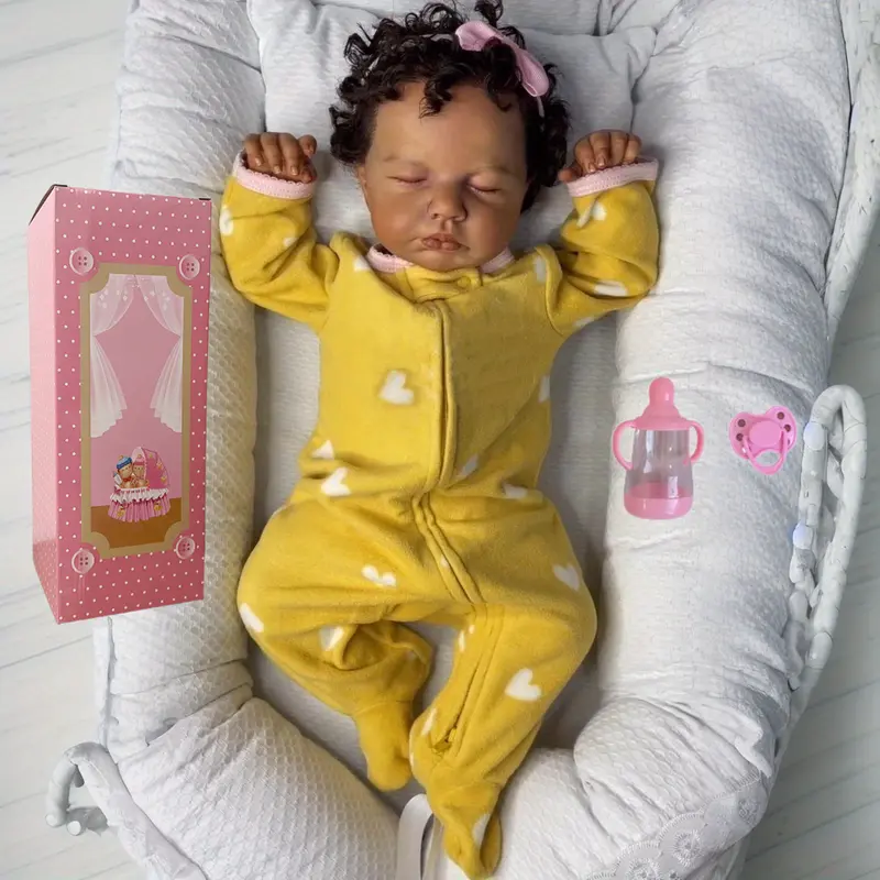 Whimsy & Wit-48cm/19inch Asleep  Baby Doll Toy| Black Brown Skin Vinyl Limbs Cloth Body, Lifelike Fashion, Birthday Gift Play House Toy (Including Pacifier, Diaper, and Bottle),Realistic Weighted  Baby Doll,Girl Gift Reborn sleeping