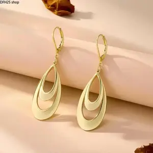 Double Teardrop Leverback Earrings for Women, Gold Plated Geometric Dangle Jewelry, Lightweight Hypoallergenic Fashion Accessory for Daily Wear