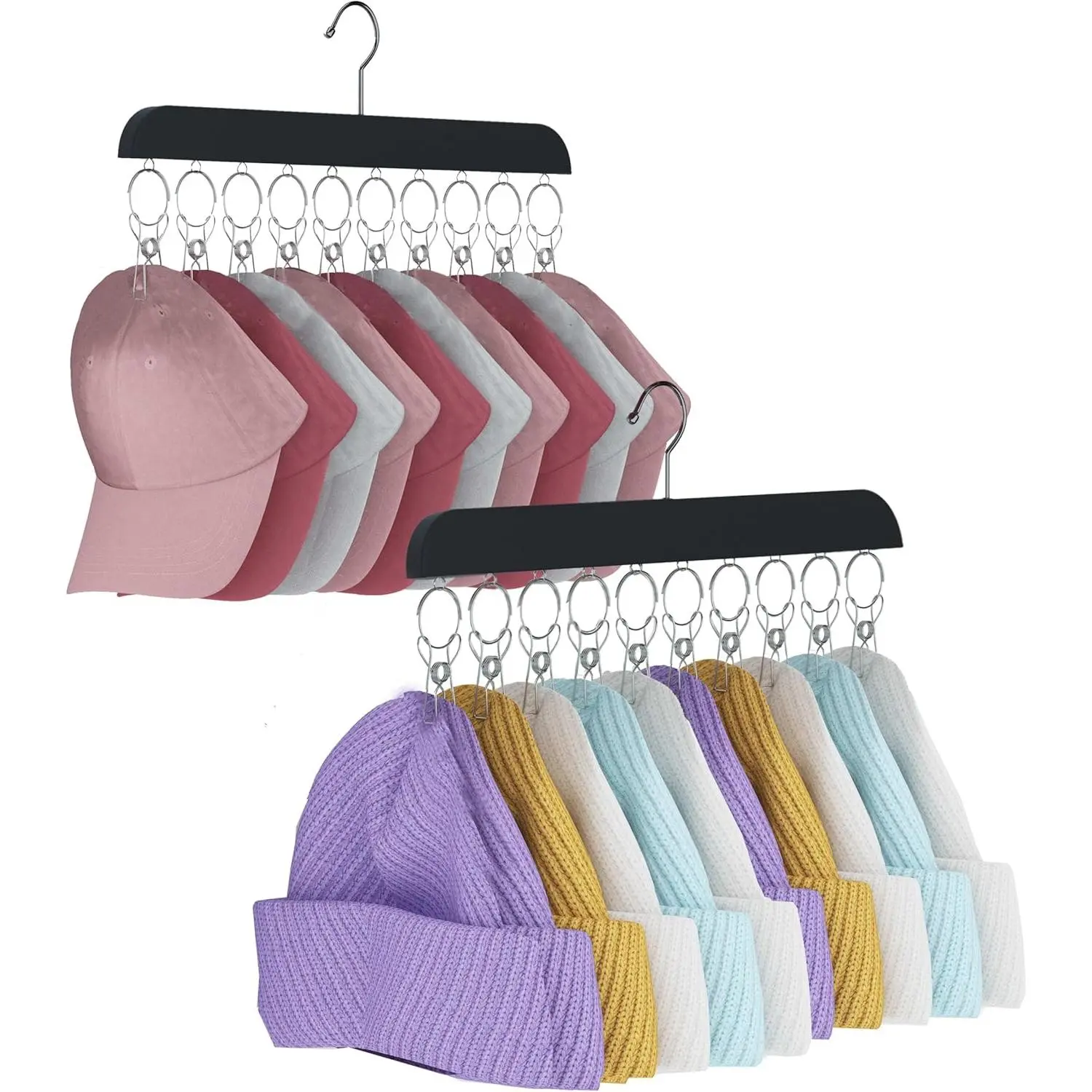2 Pack Hat Hangers for Closet,Beanie Organizer with 10 Hat Clips| Wooden Hat Organizer Hanger for Saving,Closet Cap Hat Organizer for Baseball Caps,Skullies,Beanies(Black)