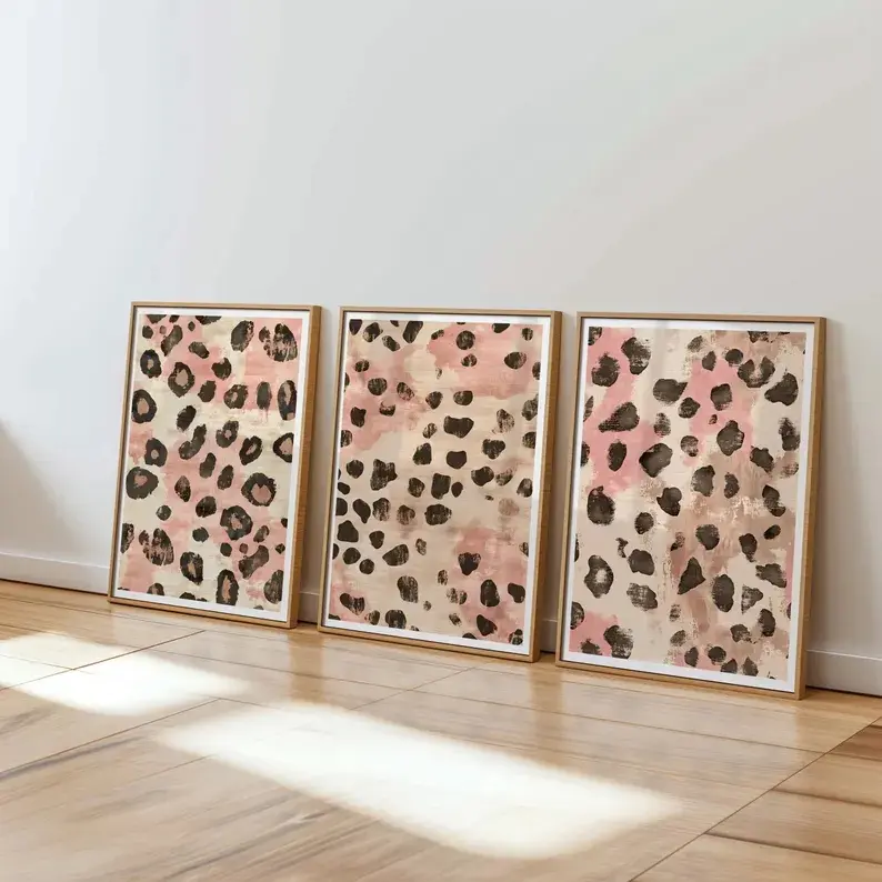 Leopard pattern prints set of 3, aesthetic preppy leopard print art, fashion bedroom posters, printable wall art