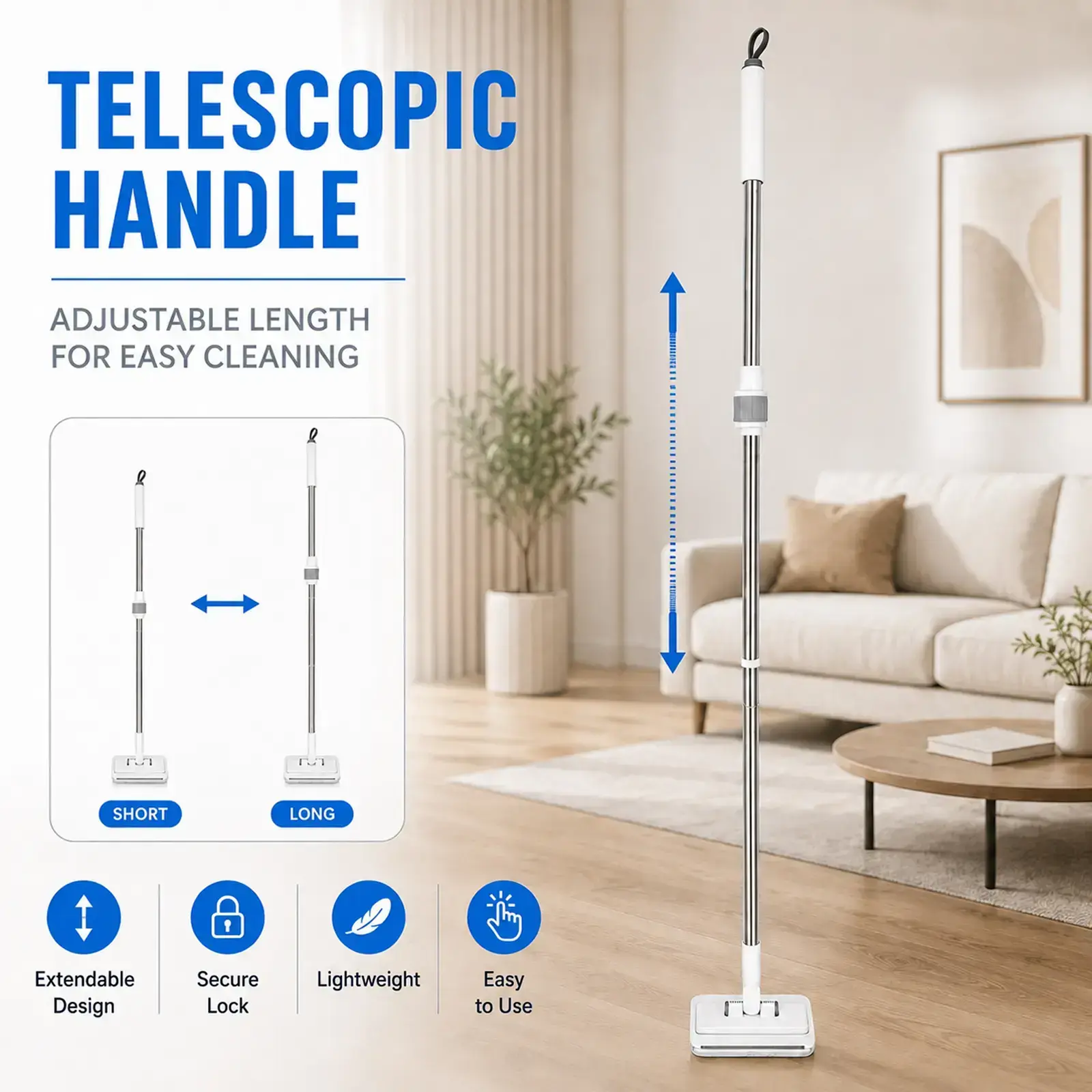 Telescopic Disposable Dust Mop, Touch-Free Auto Clamp Design, Dry Wet Dual Purpose, Compatible with Non-Woven Wipes, No Need To Wash Mop Head, Lazy Floor Cleaner for Hardwood, Tile Flooring & Baseboards scrub brush Stainless mop spin 3 lazy cleaningtool